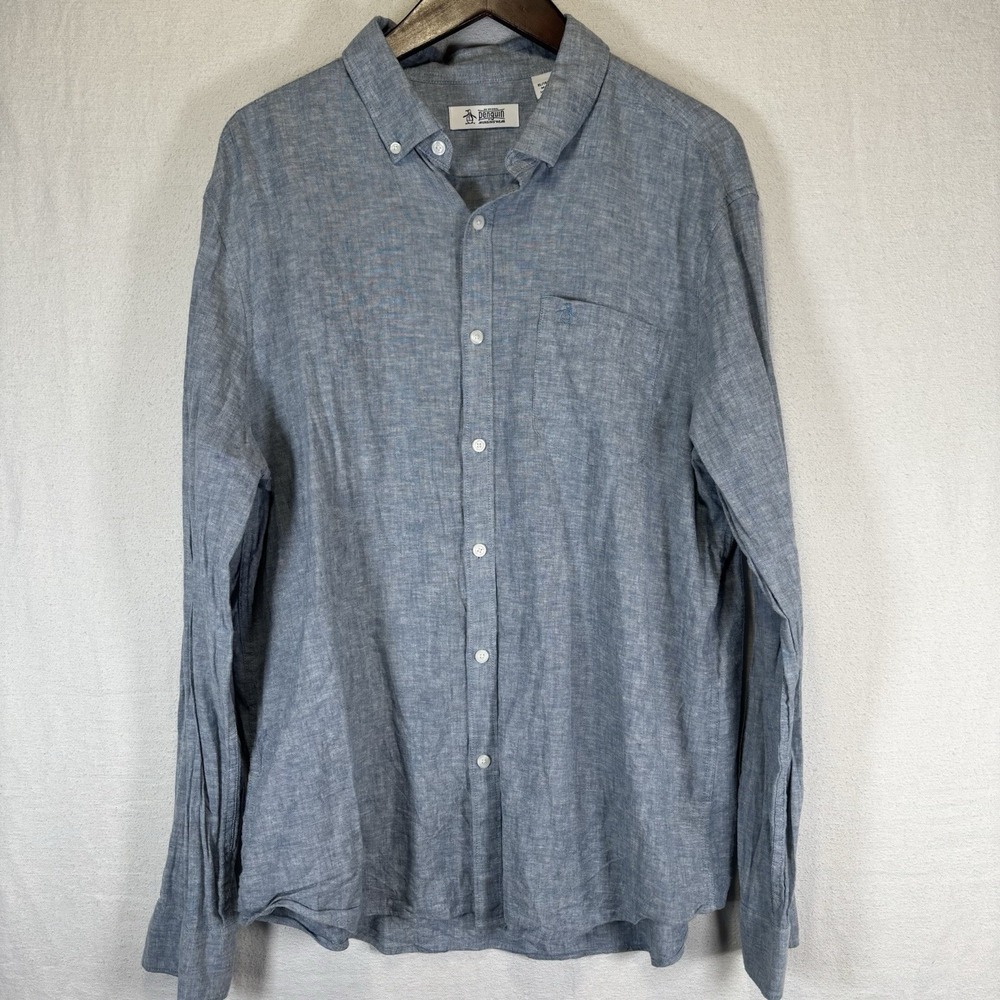 Original Penguin Button Down Shirt Mens XL‎ Blue Excellent Linen Blend Logo